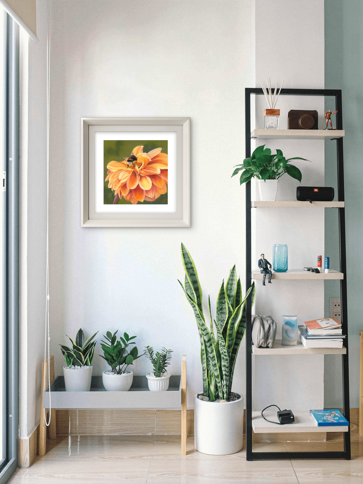 Full Bloom fine art print displayed in a room setting — bumblebee and orange dahlia artwork by Karen Gourley Artist