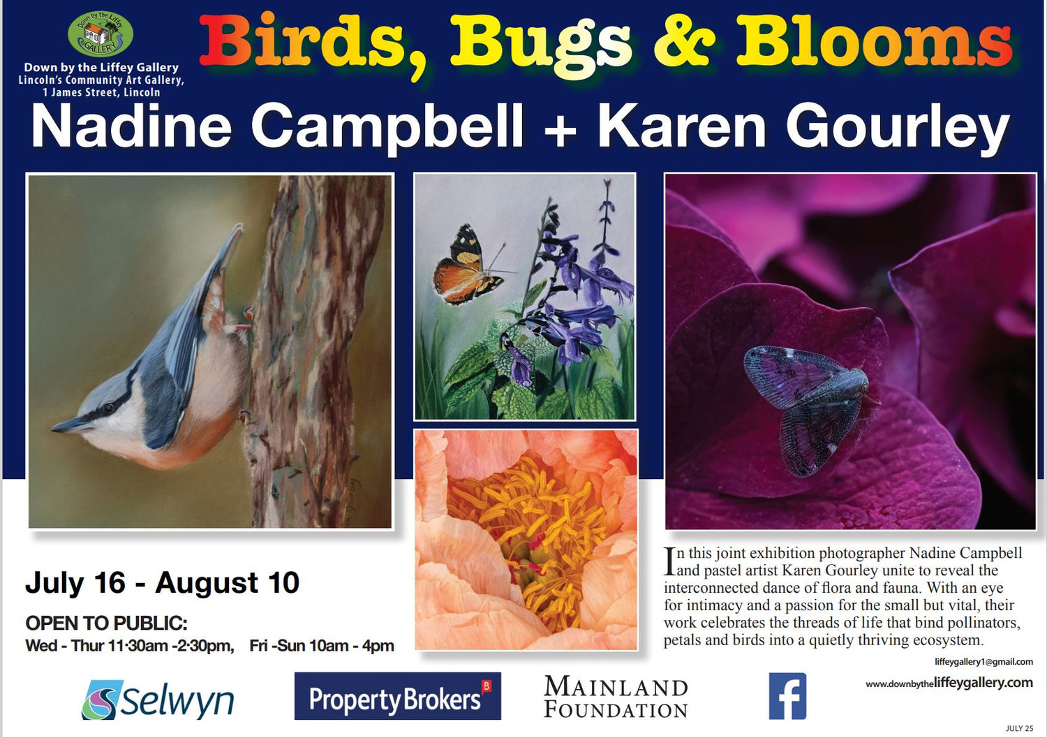 Exhibition poster for 'Birds, Bugs & Blooms' featuring images of a bird, butterfly, and flowers.