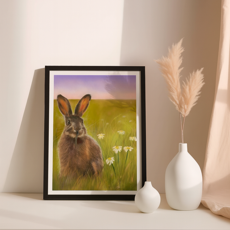 Framed picture of a hare in a field on a shelf with decorative vases.