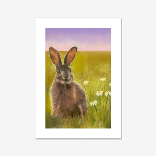 Print of a hare in a grassy field with flowers