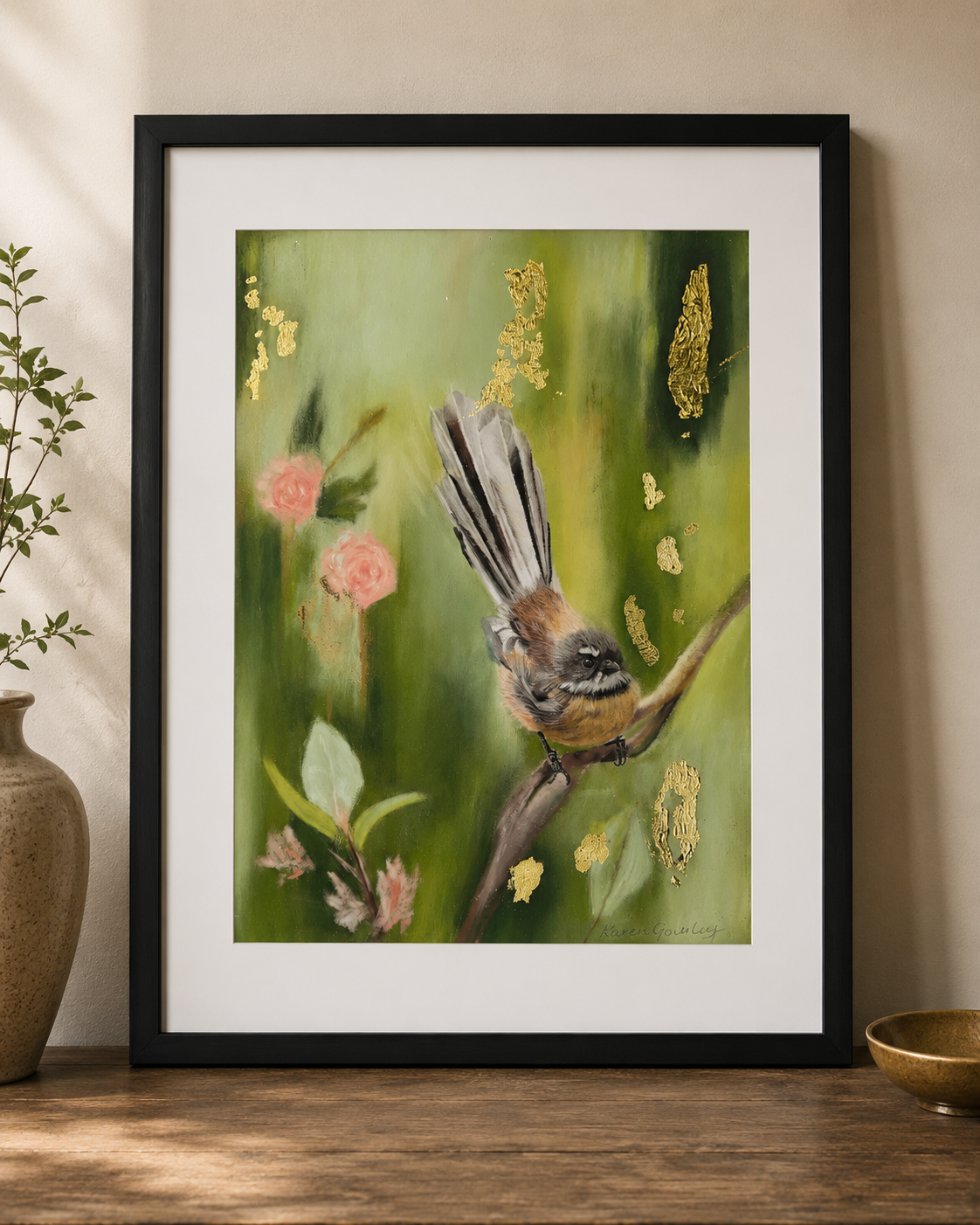 Just Passing Through fantail fine art print displayed in a gold frame