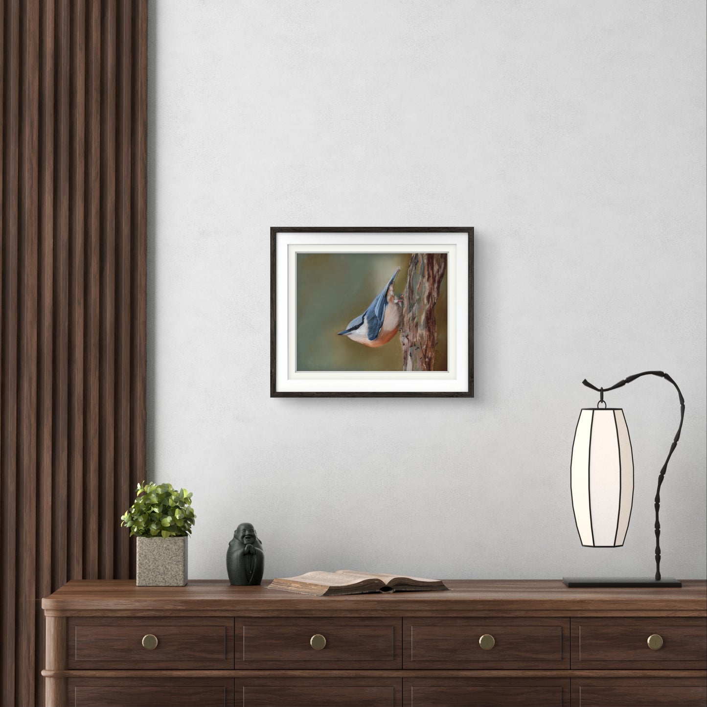 Nuthatch Bird Painting framed on wall
