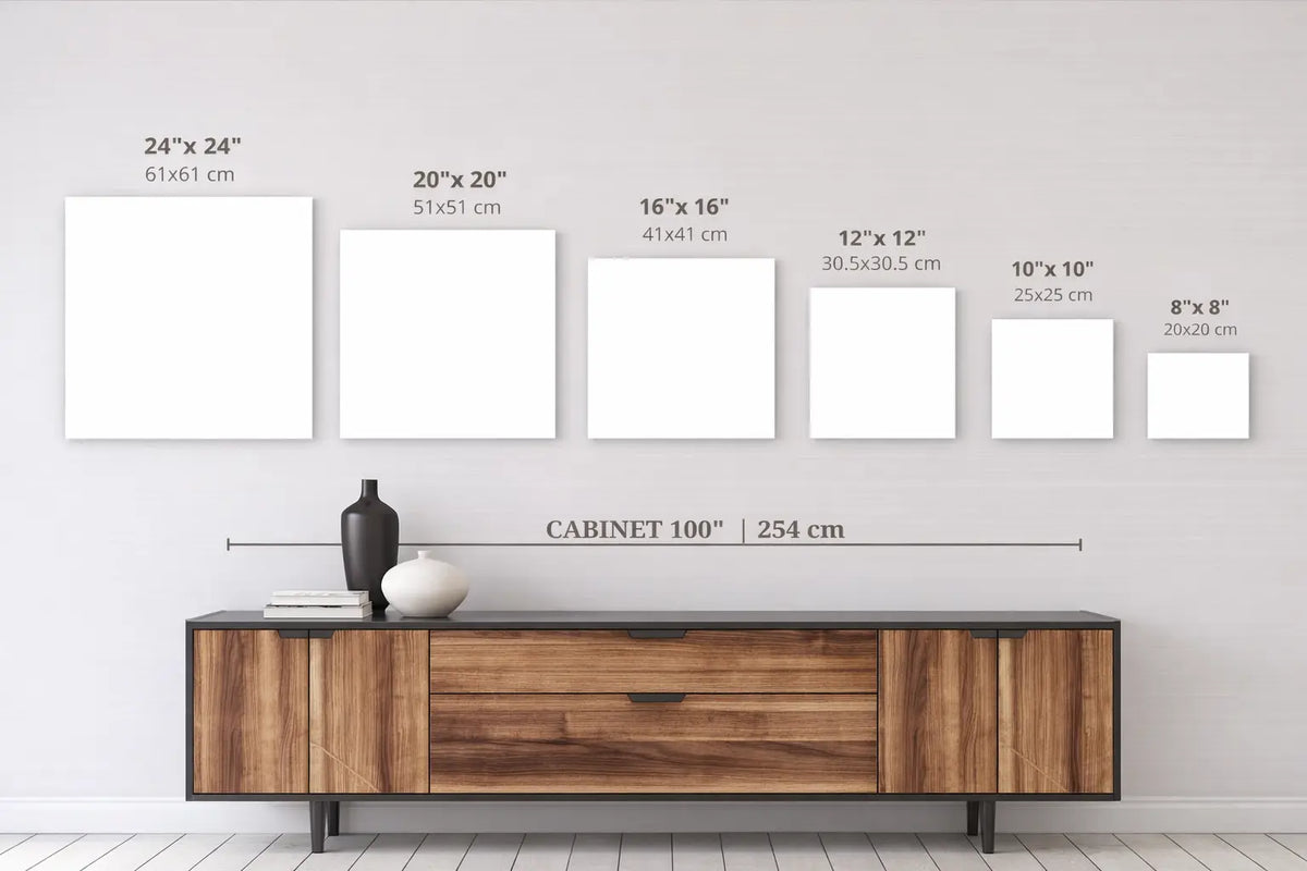 Size comparison chart for square fine art prints by Karen Gourley Artist NZ – 30cm and 42cm options
