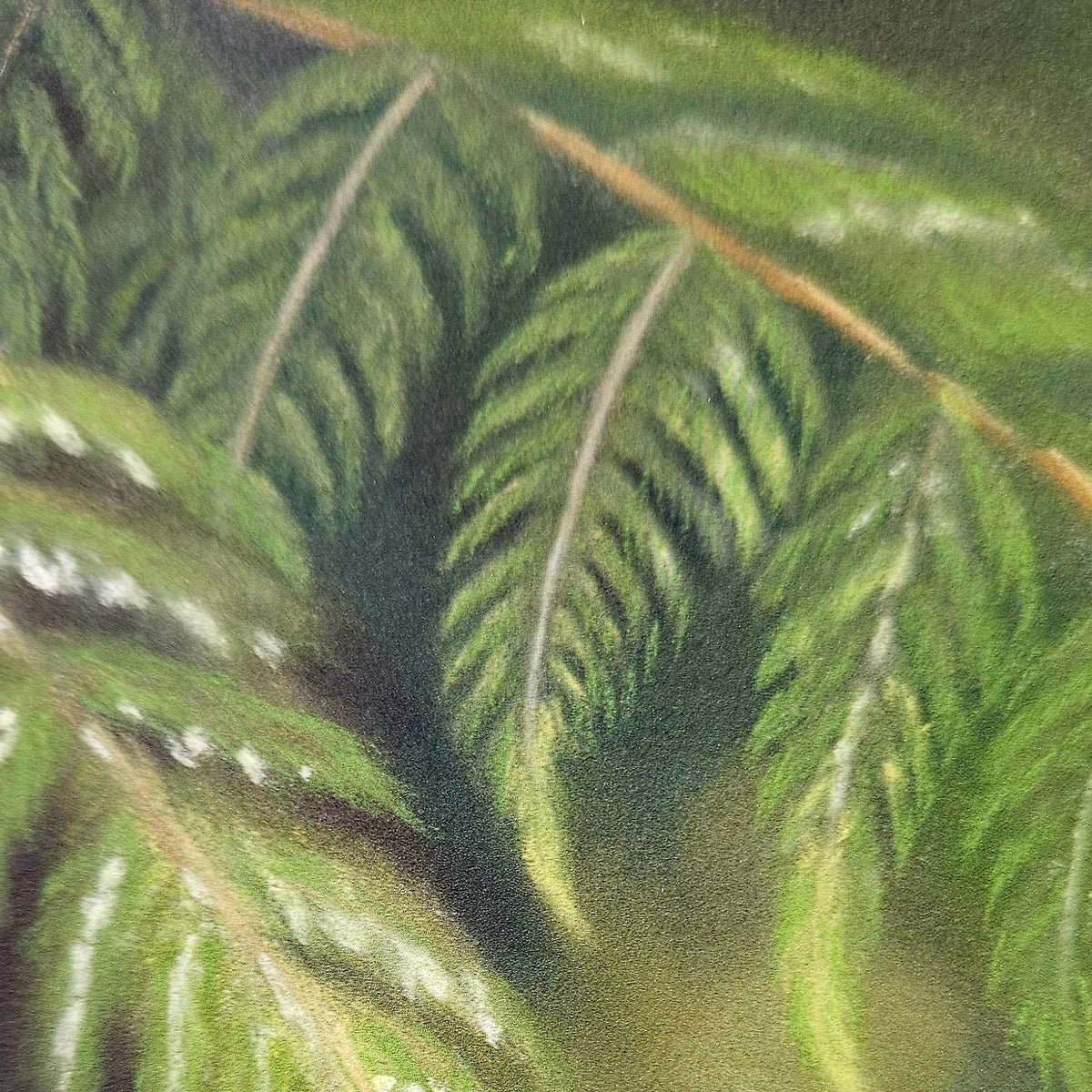 Close-up of green foliage and pastel texture in The Forest Watches Back South Island robin print by Karen Gourley