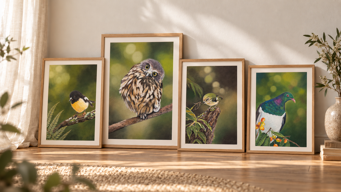 Framed artwork of New Zealand native birds from Karen Gourley's Forest Collection, in soft sunlight