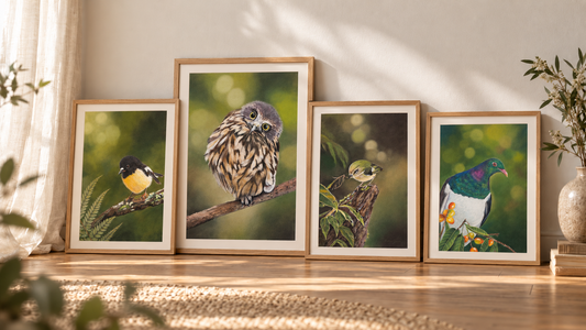 Framed artwork of New Zealand native birds from Karen Gourley's Forest Collection, in soft sunlight