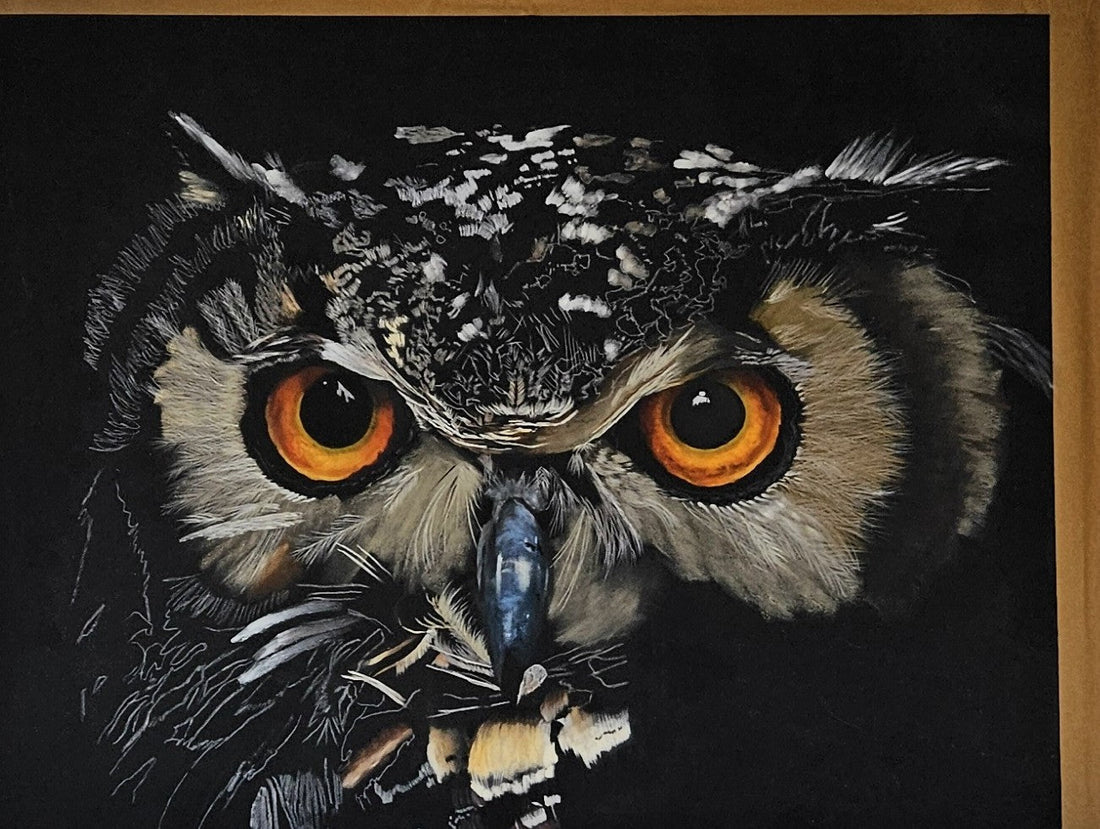Close-up of a Eurasian eagle owl pastel painting in progress, showing detailed orange eyes and feather texture on black paper.