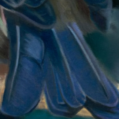 Close-up of soft pastel texture on the bellbird original painting, showing layered pastel marks on Pastelmat board