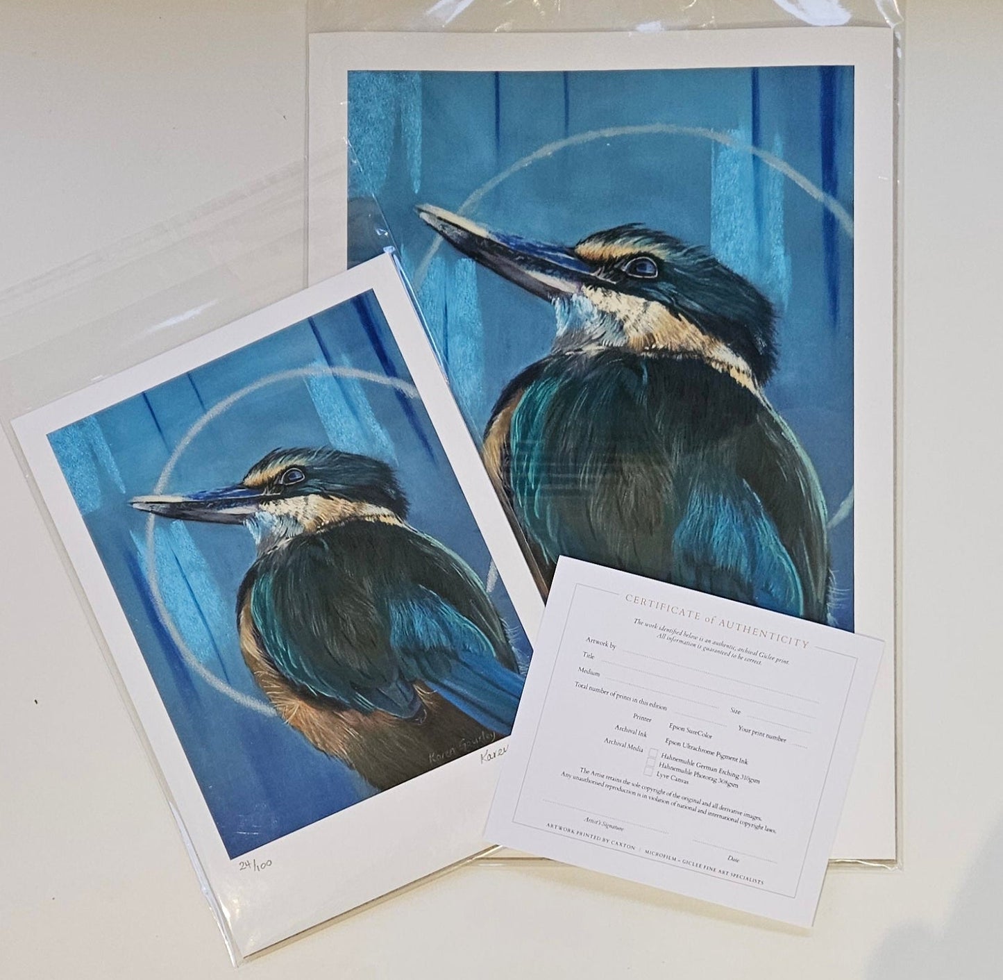 A4 and A3 Kotare Sacred Kingfisher prints with certificate of authenticity — limited edition of 100, signed and numbered by Karen Gourley