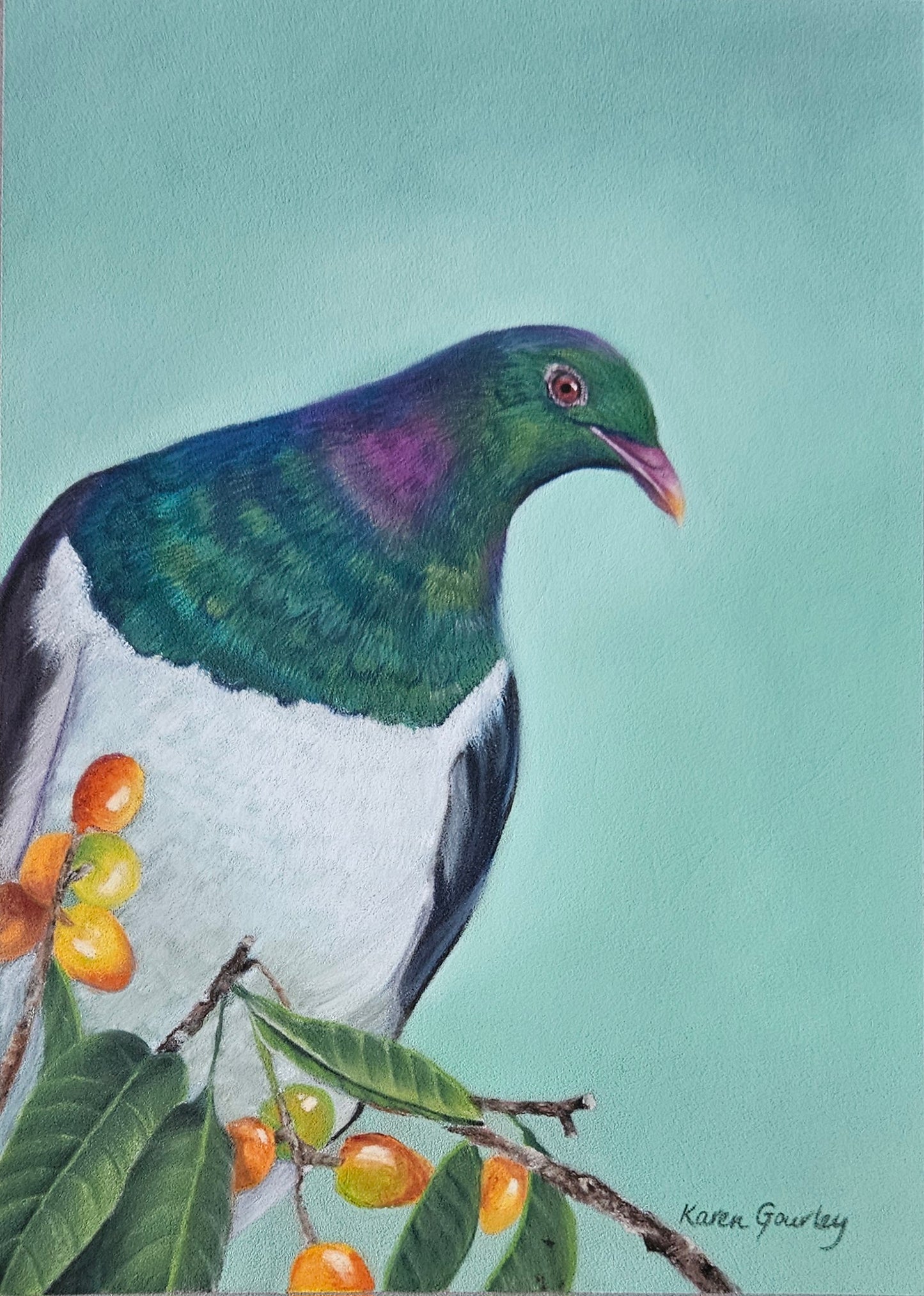 A Place to Pause – kererū painting, professionally framed and ready to hang
