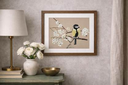 Framed artwork of a bird on a branch with flowers, placed on a wall above a table with decor items.