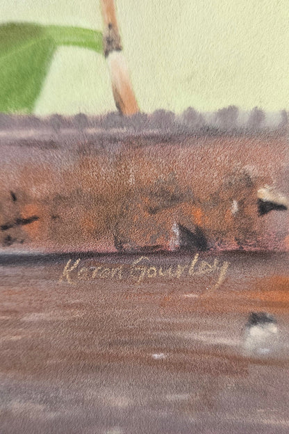 Close-up of a painting with a signature on the bottom right corner.