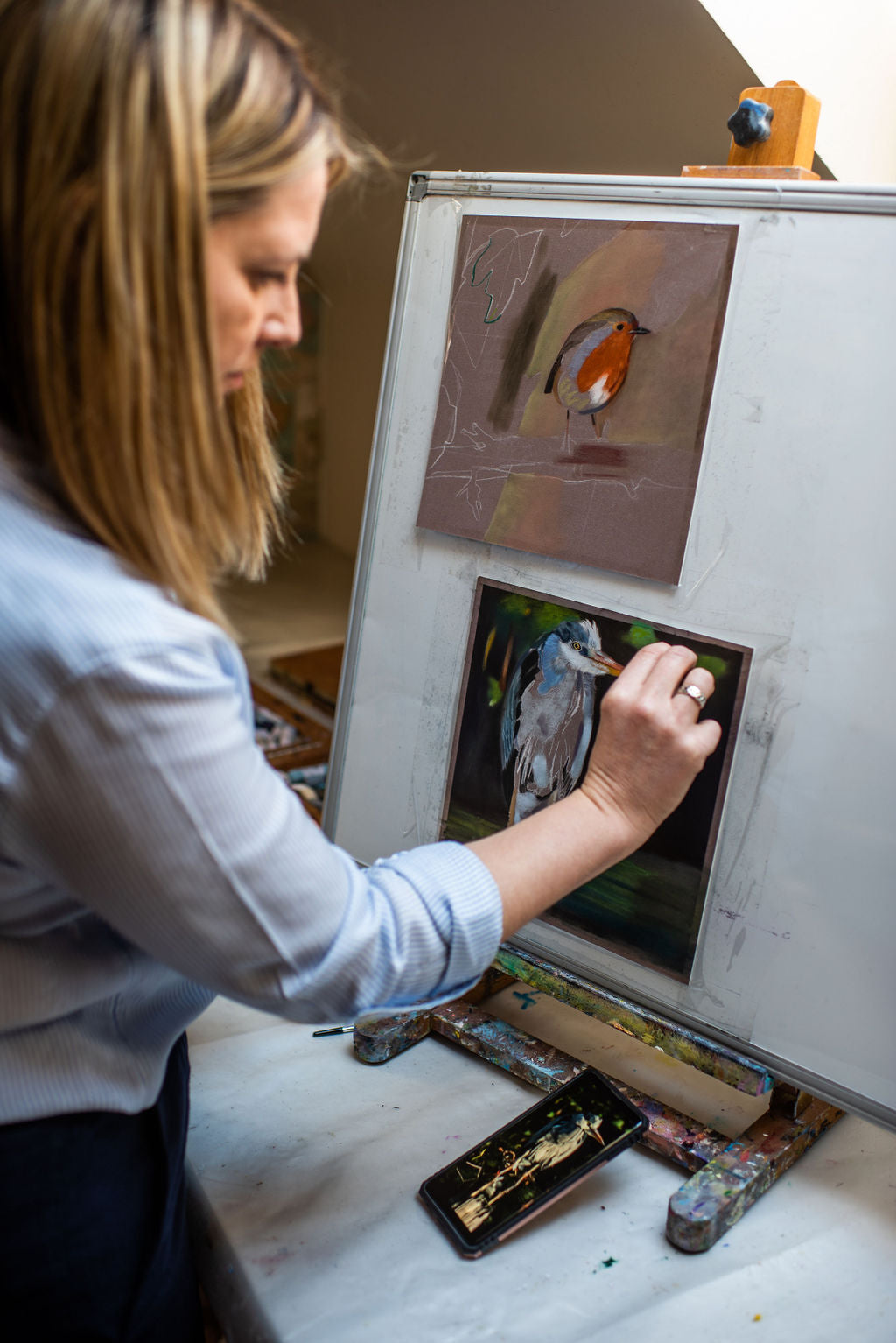 Karen Gourley working at her studio desk on two bird pastel paintings — a robin and a kingfisher in progress simultaneously