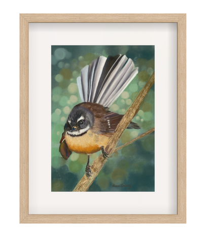 Framed artwork of a bird perched on a branch with a blurred green background