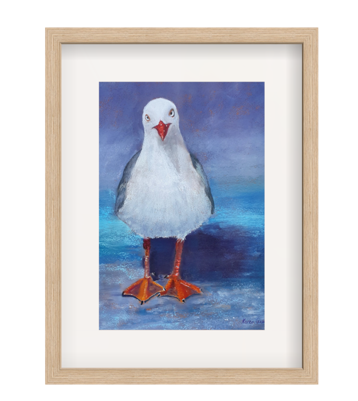 Framed artwork of a seagull on a blue background