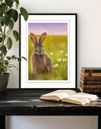Framed artwork of a hare in a field on a table with an open book and books stacked behind.