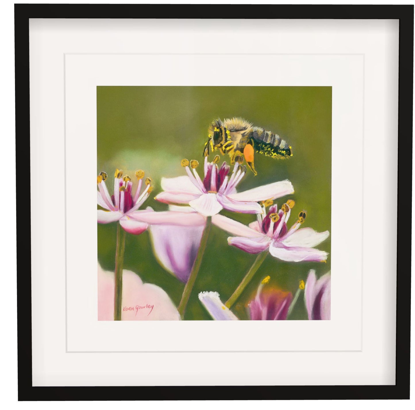 Framed artwork of a bee on pink flowers with a white border