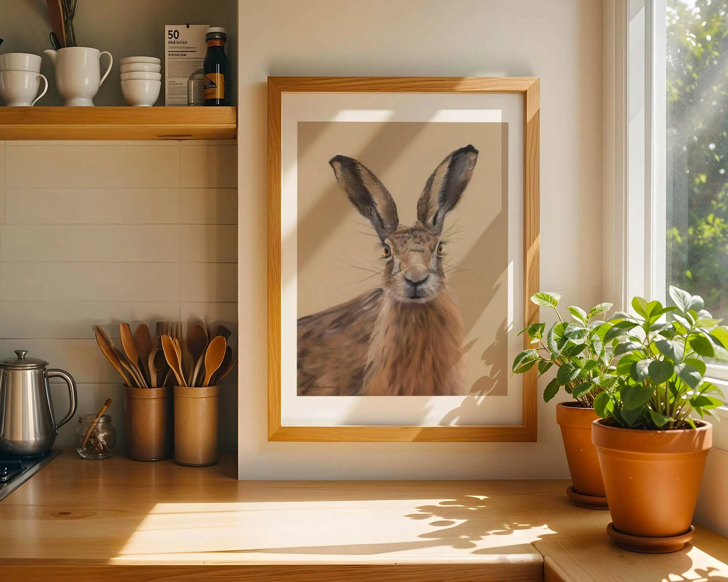 Framed artwork of a hare on a kitchen counter with plants and utensils.