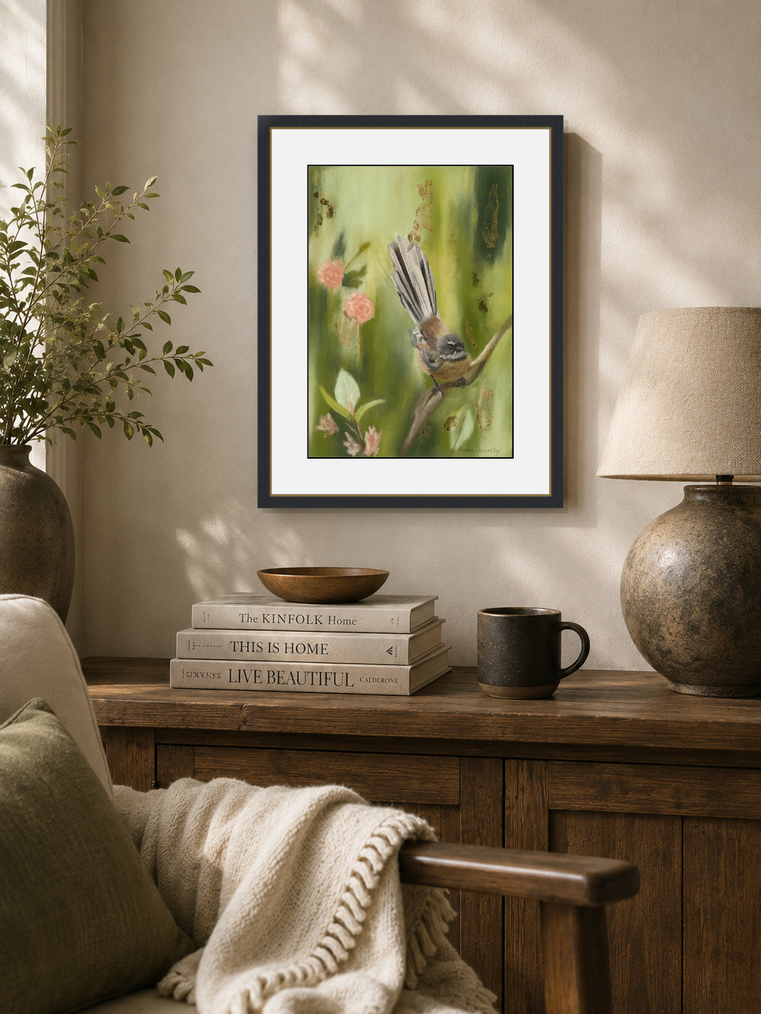 Just Passing Through fantail fine art print, A3 size, framed and hung on a wall