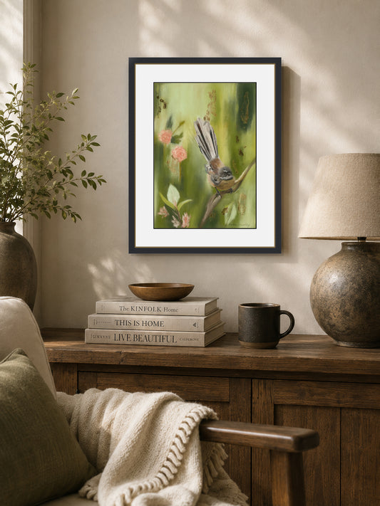 Just Passing Through fantail fine art print, A3 size, framed and hung on a wall