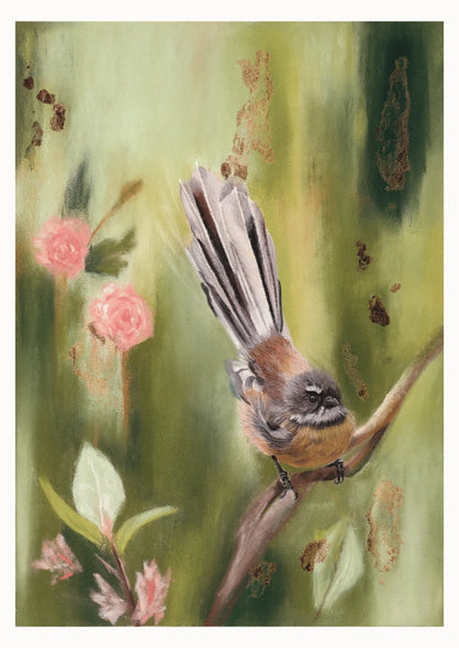 Painting of a bird perched on a branch with pink flowers and green leaves in the background