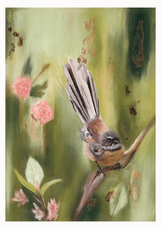Painting of a bird perched on a branch with pink flowers and green leaves in the background