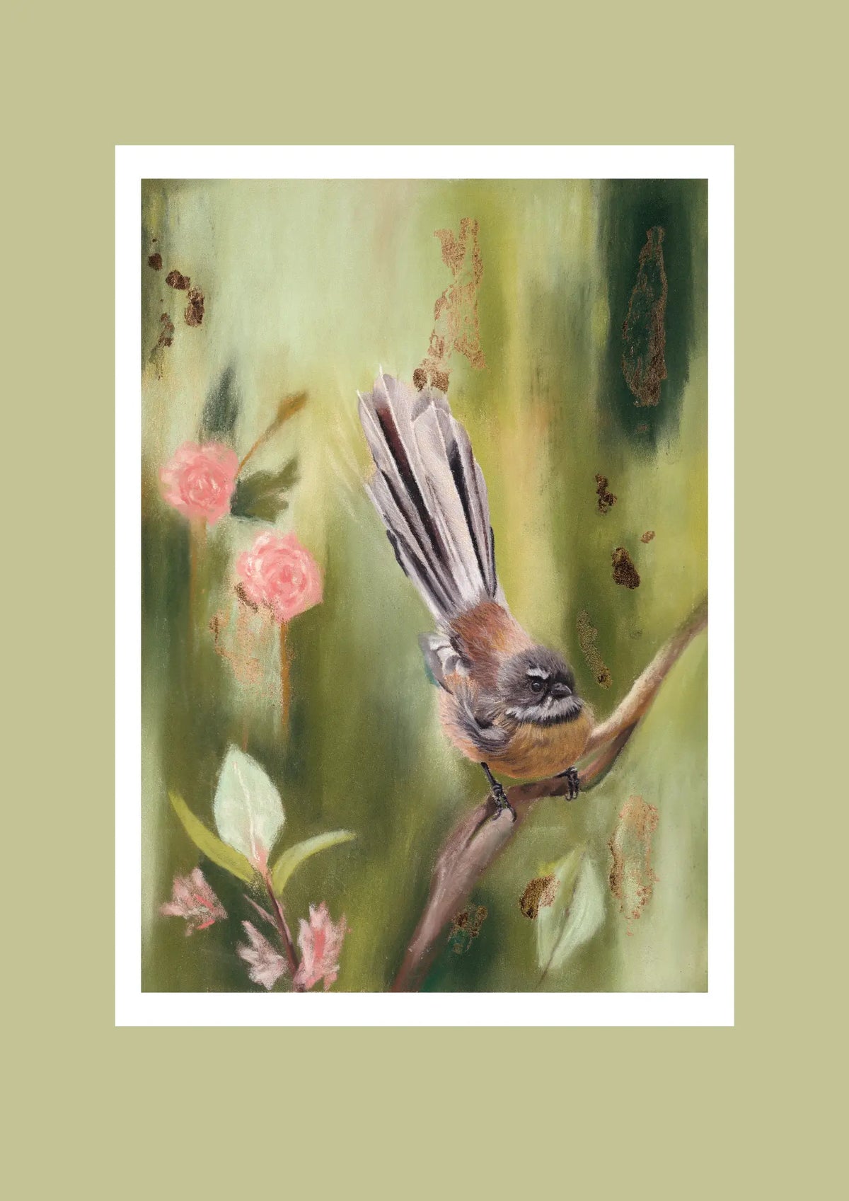 Just Passing Through fantail fine art print — painting of a fantail perched on a branch with pink blossom