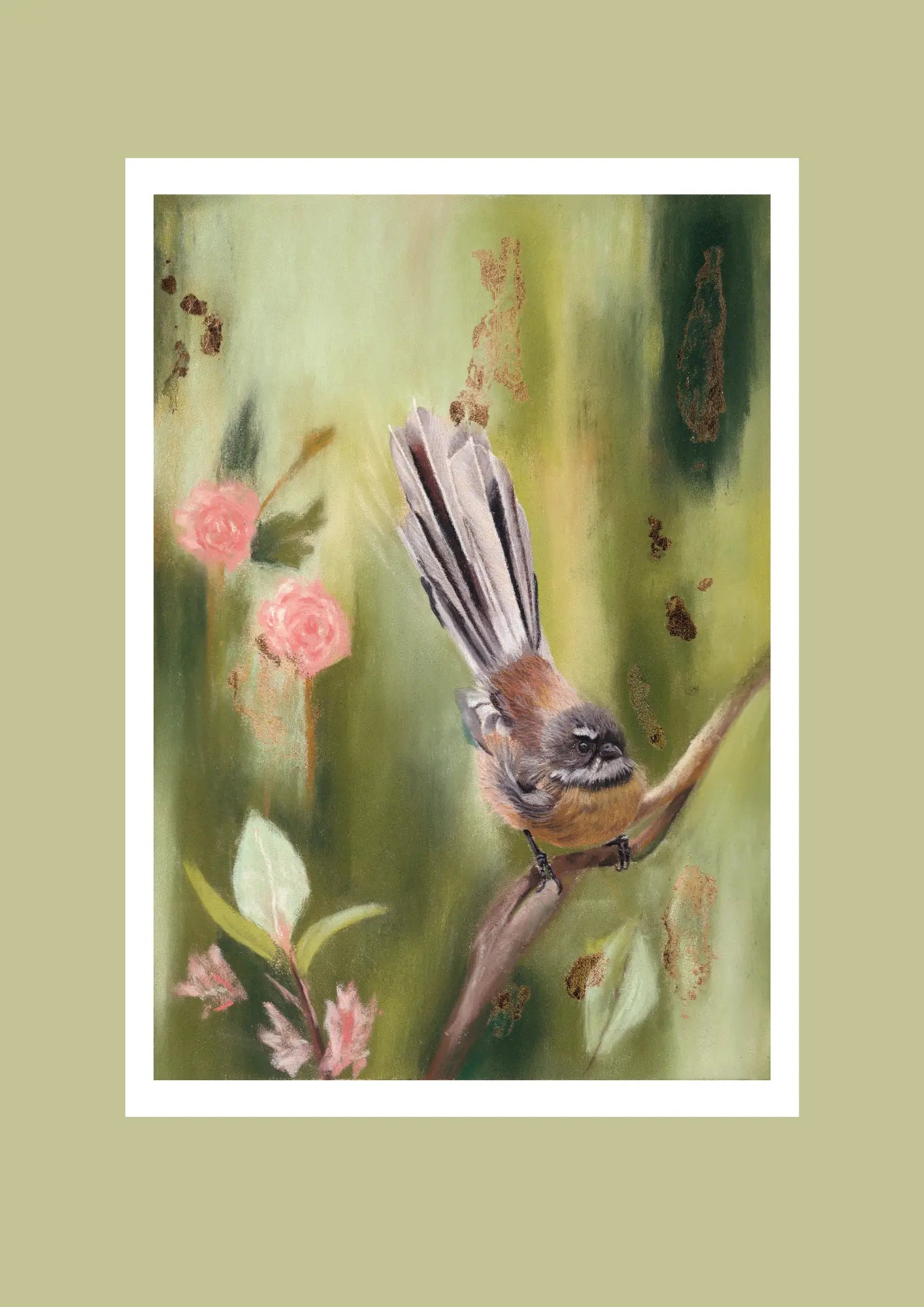 Just Passing Through fantail fine art print — painting of a fantail perched on a branch with pink blossom