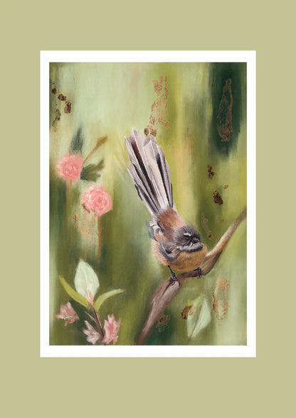 Just Passing Through fantail fine art print — painting of a fantail perched on a branch with pink blossom