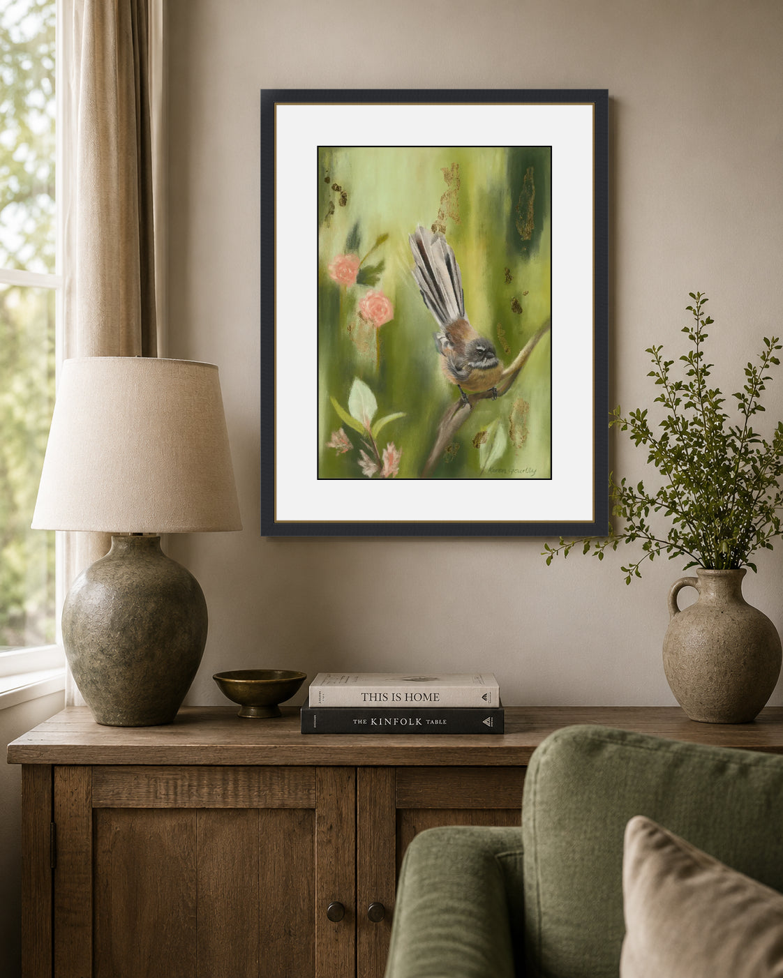 Just Passing Through fantail fine art print framed and displayed in a living room