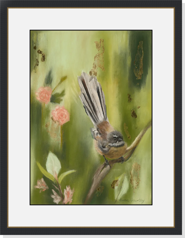Just Passing Through fantail fine art print in a black frame