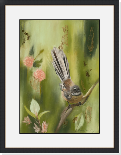 Just Passing Through fantail fine art print in a black frame