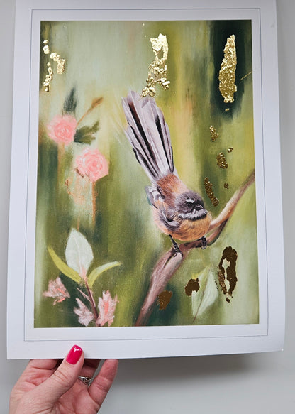Just Passing Through fantail fine art print showing gold frame detail