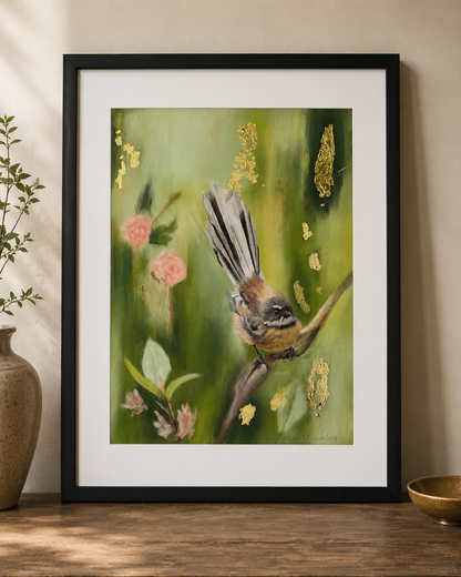 Just Passing Through fantail fine art print displayed in a gold frame