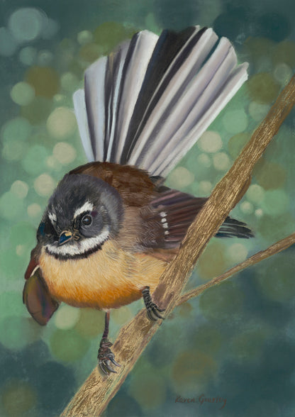 Painting of a bird perched on a branch with a blurred green background