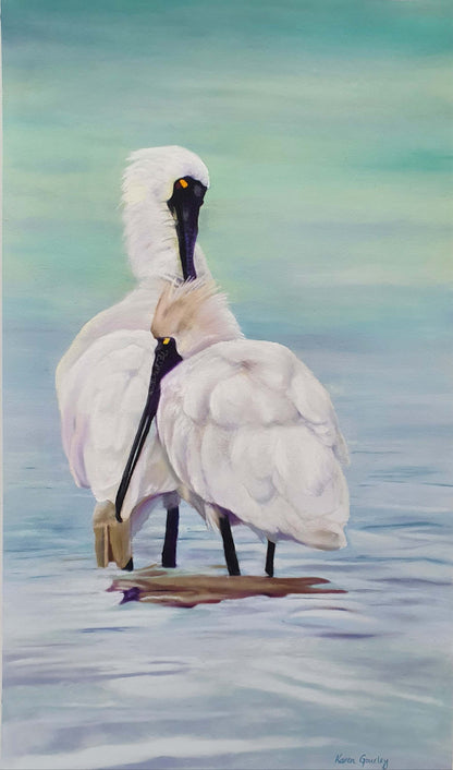 Finders Sweepers – original pastel painting of royal spoonbills by Karen Gourley Artist