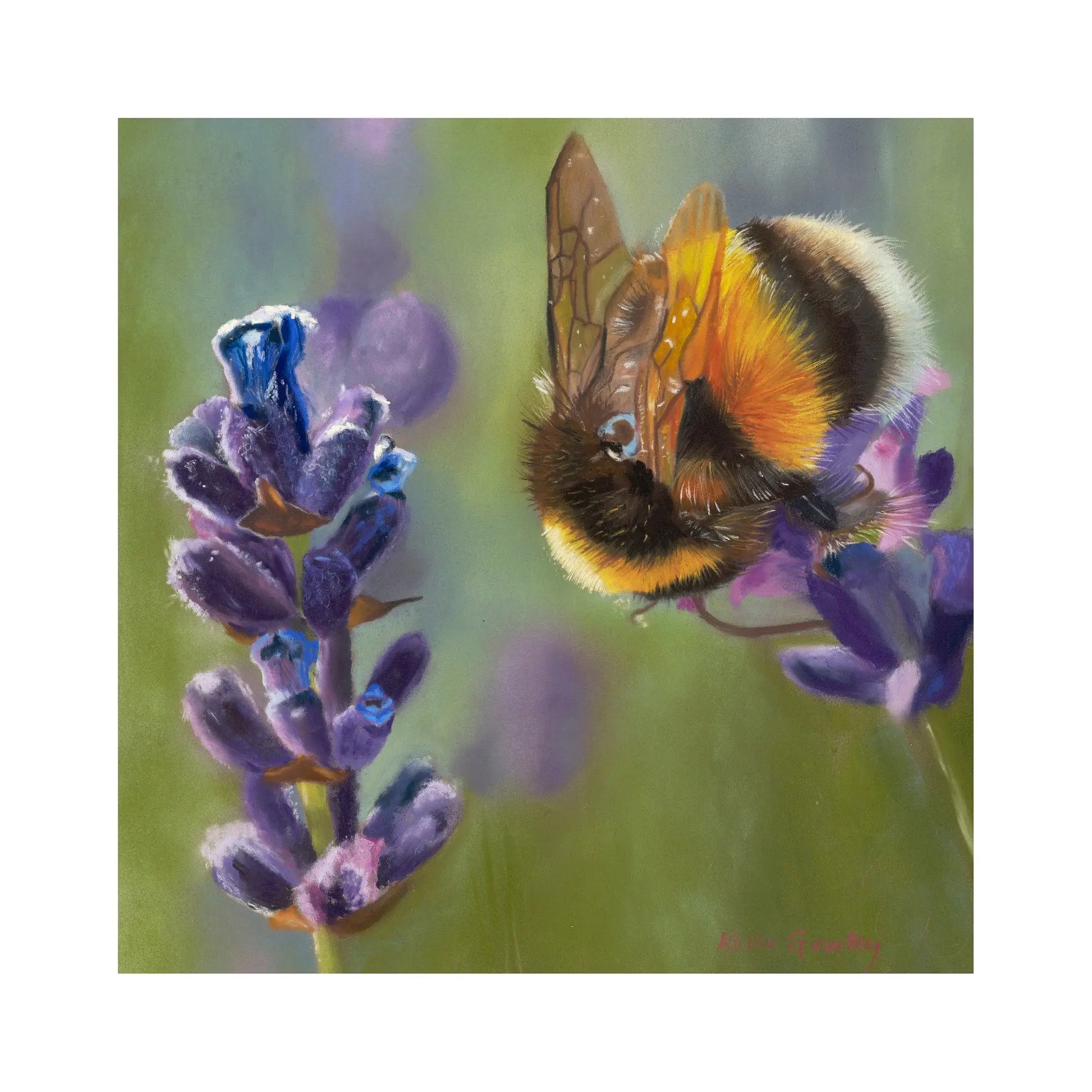 Painting of a bee on lavender flowers with a blurred green background