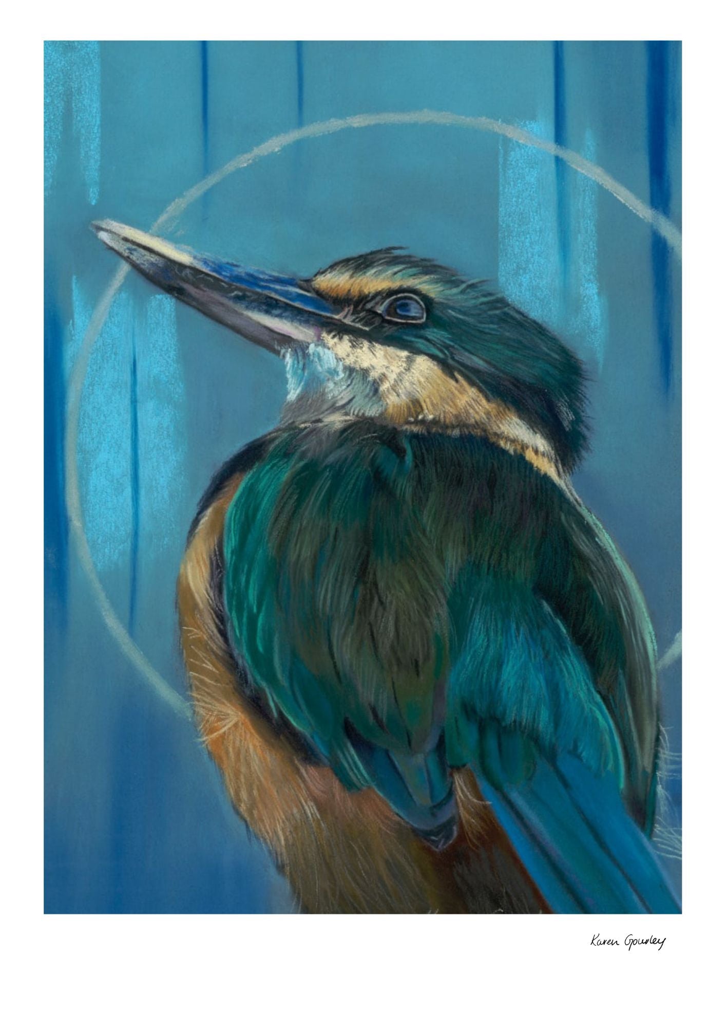 Artistic depiction of a bird with teal and brown feathers against a blue background