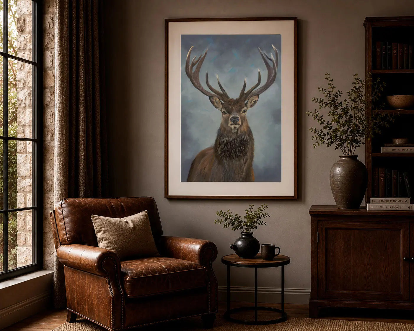Eye of the Beholder – limited edition red deer stag fine art print by Karen Gourley, framed in a warm living room setting