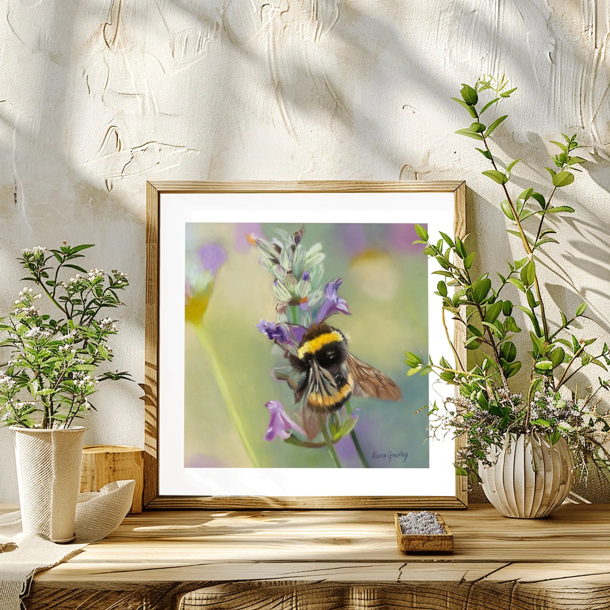 bee on lavender fine art print on paper framed