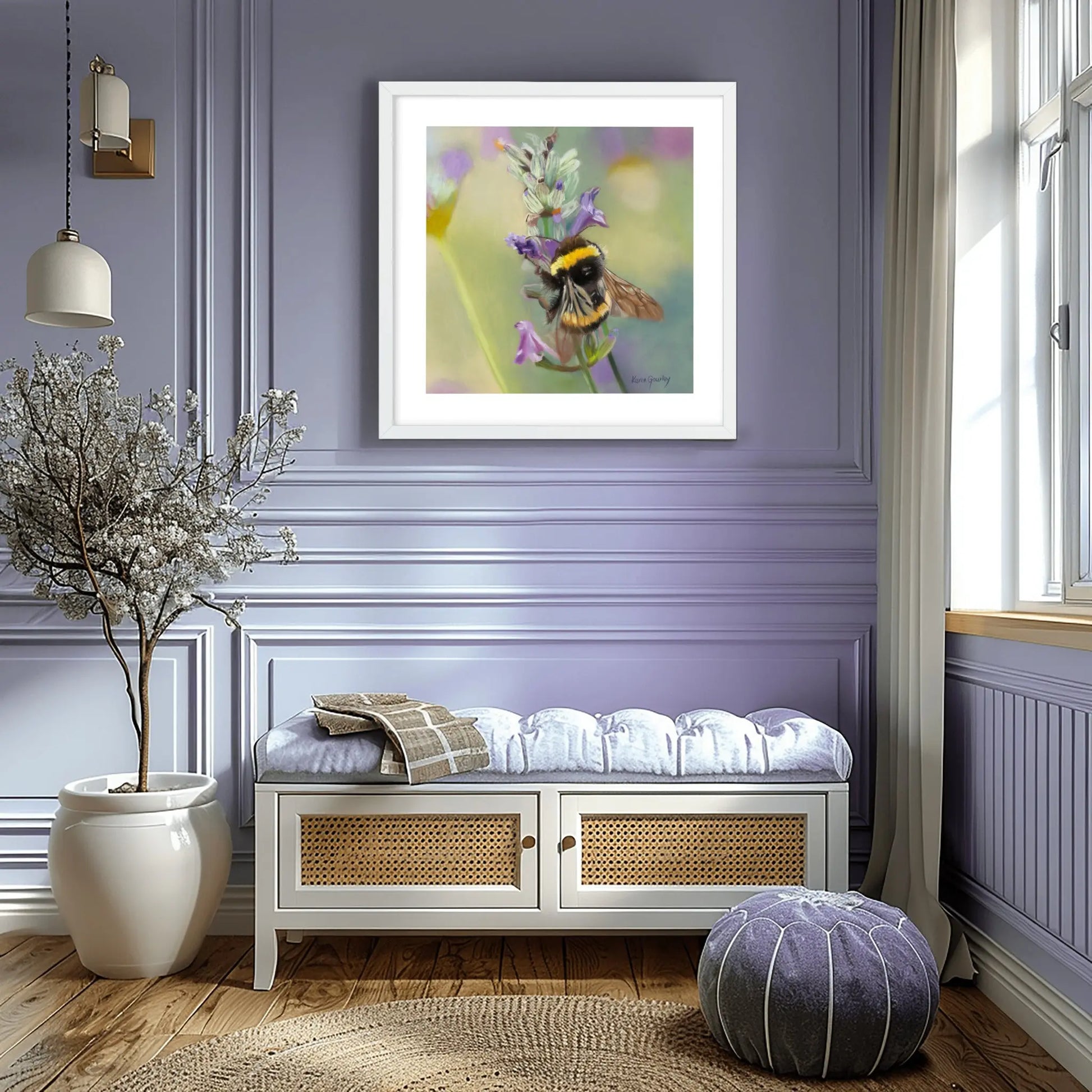 Purple Haze bee on lavender rolled canvas print framed