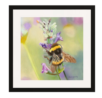Framed artwork of a bee on a flower with a blurred background