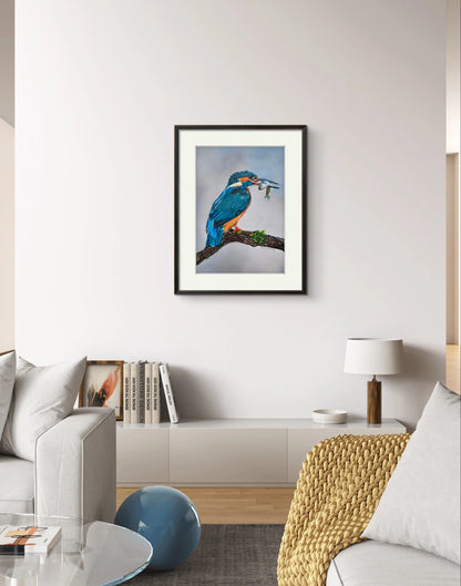 Rivers Jewel kingfisher fine art print in a frame, showing full composition of kotare with fish on branch