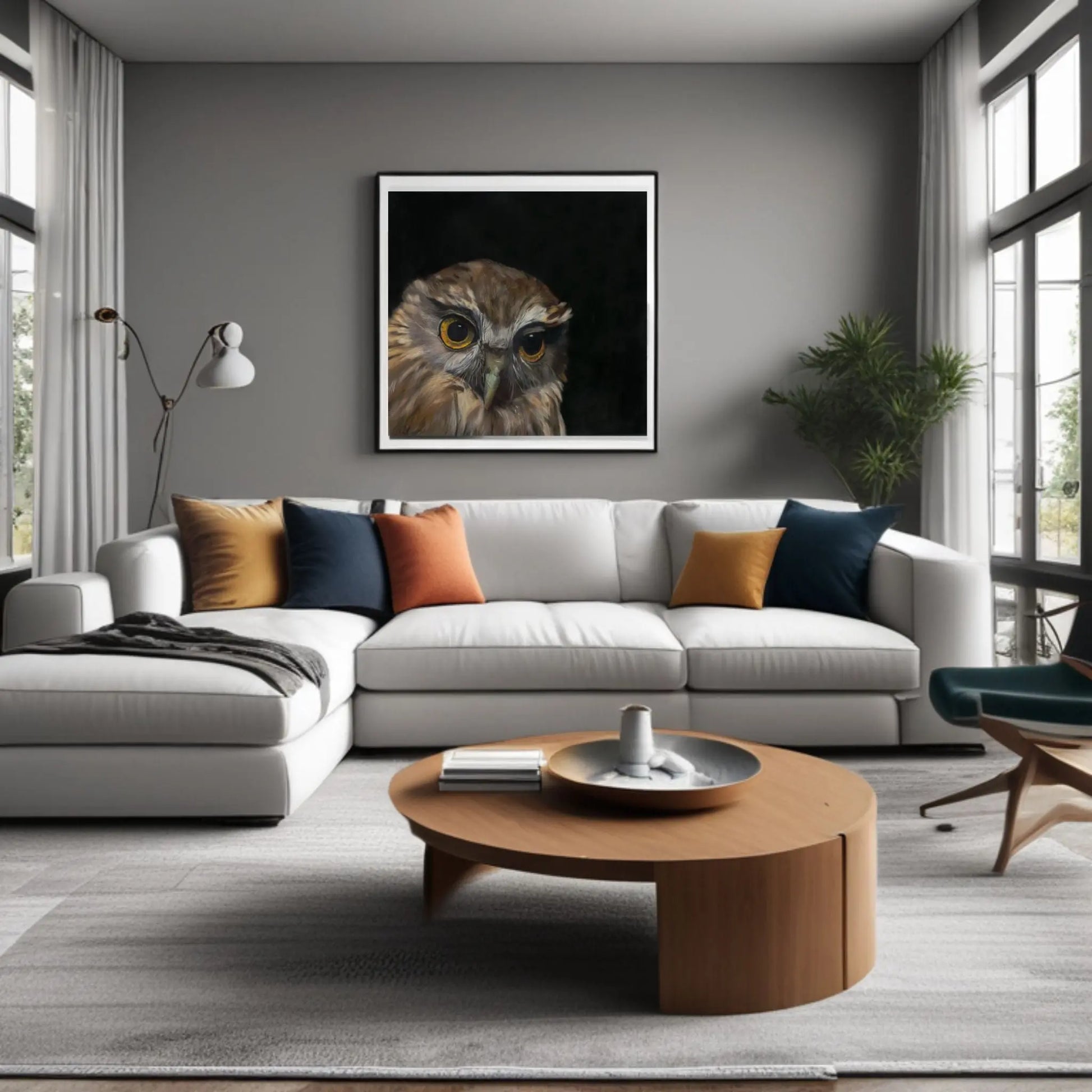 Ruru owl with black background on living room wall