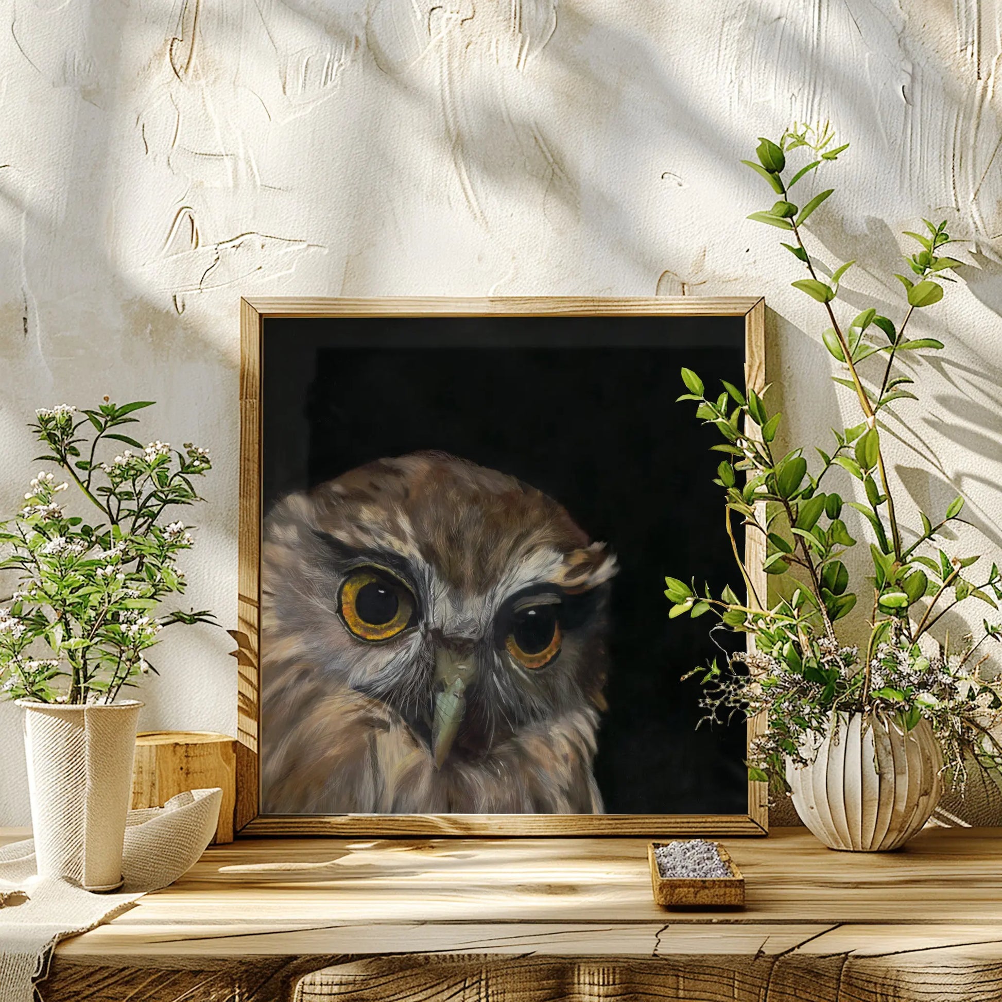 Ruru Owl with black background framed in wood on shelf with plants