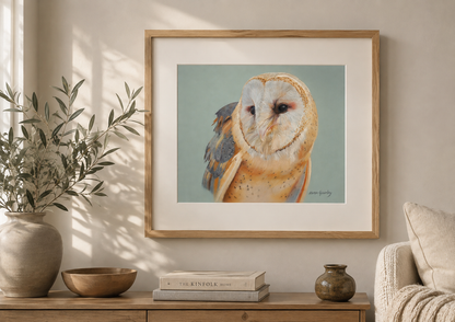 A framed art print of a barn owl with a light blue background, displayed on a beige wall above a wooden console table with books, a vase, and a chair.