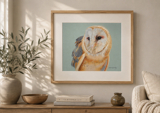 A framed art print of a barn owl with a light blue background, displayed on a beige wall above a wooden console table with books, a vase, and a chair.
