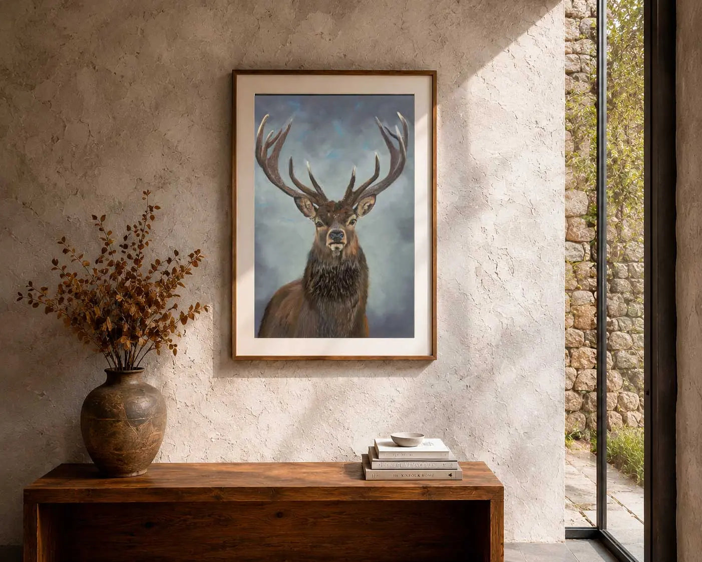 Framed artwork of a deer on a wall above a wooden console table with decorative items.