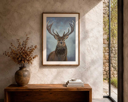 Framed artwork of a deer on a wall above a wooden console table with decorative items.