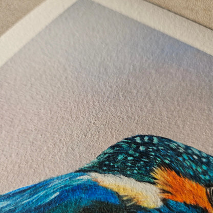 Close-up of cotton etching rag paper texture showing detail of Rivers Jewel kingfisher fine art print